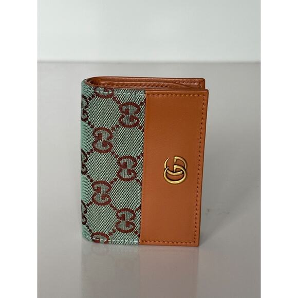 Gucci GG Leather/Canvas Compact Bifold Card Wallet Azure/Brown Italy 783118 NIB - Picture 7 of 15